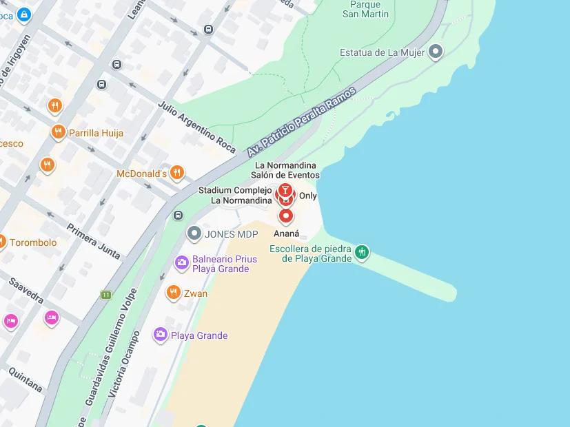 Mapa de Playa Grande con la ubicación de Vientos en Mar del Plata